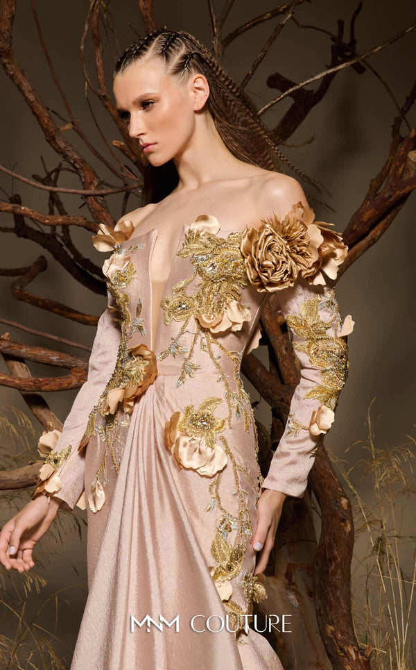 MNM Couture F02986 taffeta mermaid gown with laser-cut 3D floral appliqués, off-shoulder sleeves, and nude-illusion deep V-neckline | Couture Shop LA.