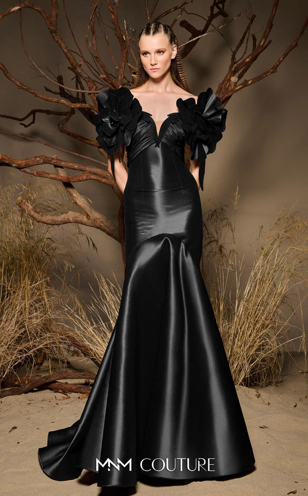 MNM Couture F02993 metallic satin mermaid gown with off-the-shoulder design, floral accents on the shoulders, and a dramatic train.|Couture Shop LA