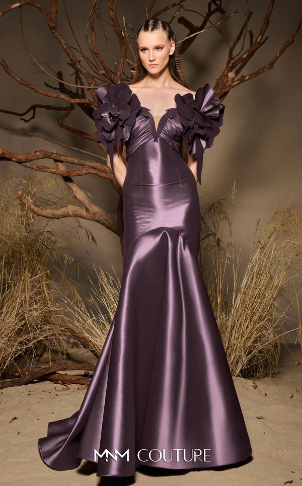 MNM Couture F02993 metallic satin mermaid gown with off-the-shoulder design, floral accents on the shoulders, and a dramatic train.|Couture Shop LA