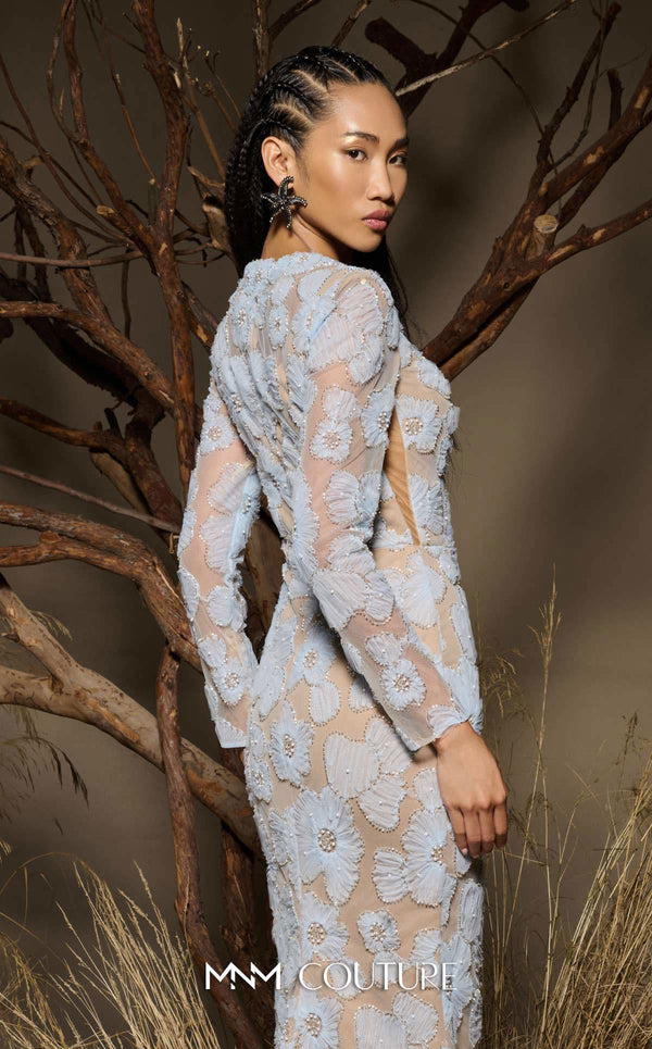 MNM Couture F02997 sheer tulle gown with fitted long sleeves, floral appliqués on side panels, and a subtle train.|Couture Shop LA
