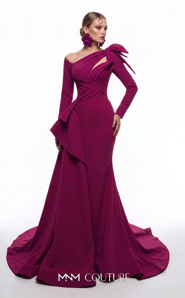 MNM Couture F03001 red crepe long-sleeve mermaid gown with X-cross diagonal bodice, triangular cutout, flat left shoulder bow, 3D sculptural petal, and cascading right hip peplum | Couture Shop LA