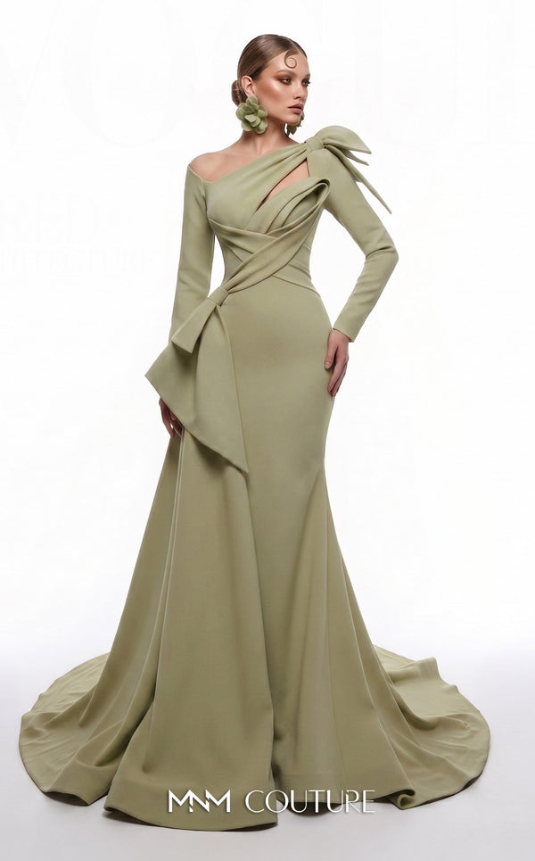 MNM Couture F03001 red crepe long-sleeve mermaid gown with X-cross diagonal bodice, triangular cutout, flat left shoulder bow, 3D sculptural petal, and cascading right hip peplum | Couture Shop LA