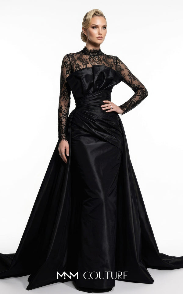 MNM Couture F03006A Chantilly lace and satin column gown featuring a high lace collar, sheer long sleeves, a 3D shoulder bow, an asymmetric ruched waist belt, stomach draping, and an open-front A-line overskirt | Couture Shop LA