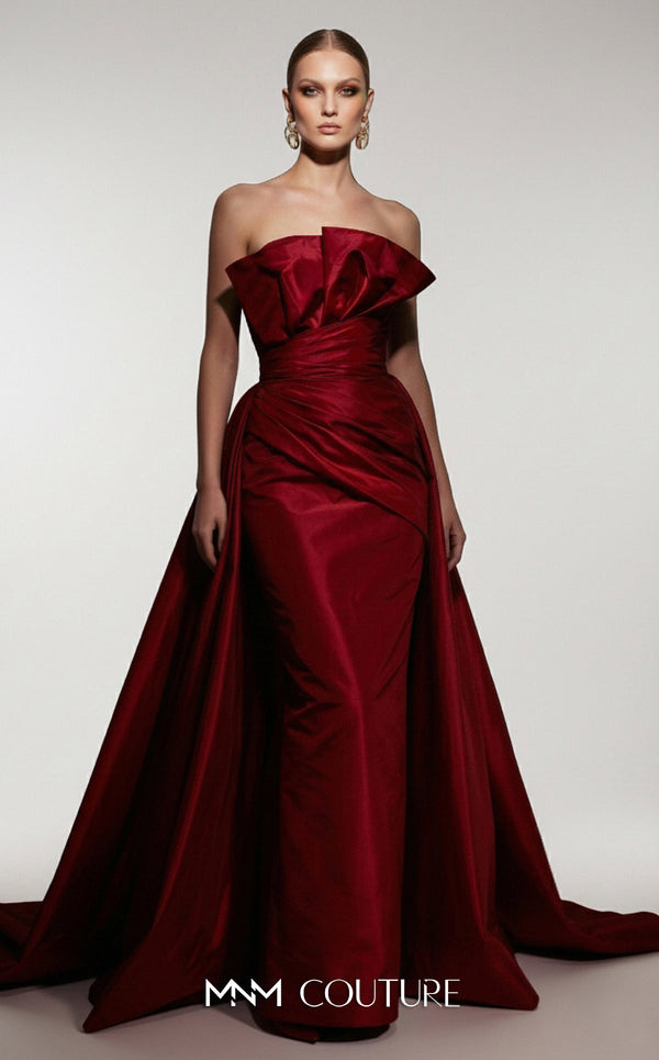 MNM Couture F03006 strapless taffeta column gown with arched neckline, pleated taffeta detail, and dramatic A-line overskirt train | Couture Shop LA.