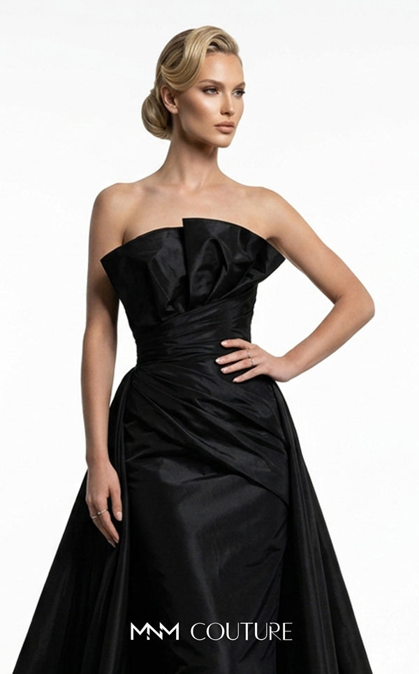 MNM Couture F03006 strapless taffeta column gown with arched neckline, pleated taffeta detail, and dramatic A-line overskirt train | Couture Shop LA.