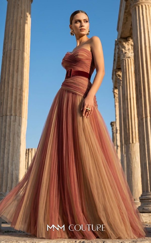 MNM Couture F03008 ombré pleated tulle A-line ballgown with ruched one-shoulder bodice, asymmetric sweetheart neckline, and contrast wine belt | Couture Shop LA.
