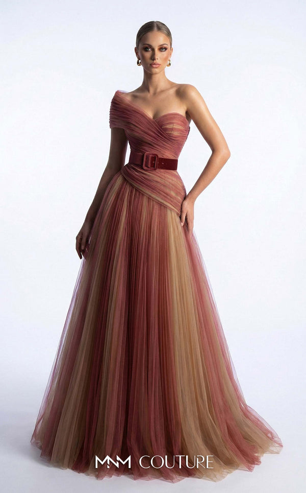 MNM Couture F03008 ombré pleated tulle A-line ballgown with ruched one-shoulder bodice, asymmetric sweetheart neckline, and contrast wine belt | Couture Shop LA.