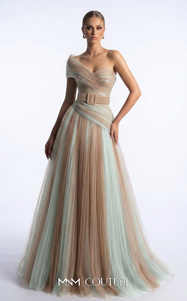 MNM Couture F03008 ombré pleated tulle A-line ballgown with ruched one-shoulder bodice, asymmetric sweetheart neckline, and contrast wine belt | Couture Shop LA.