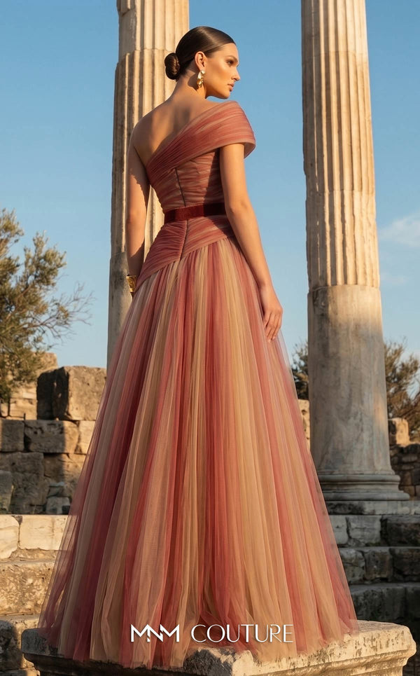 MNM Couture F03008 ombré pleated tulle A-line ballgown with ruched one-shoulder bodice, asymmetric sweetheart neckline, and contrast wine belt | Couture Shop LA.