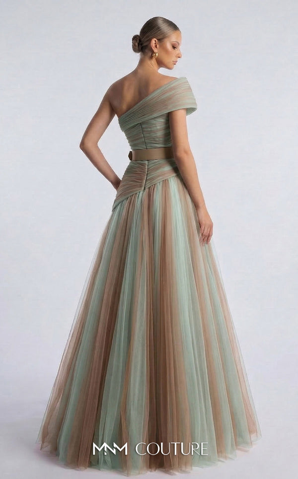 MNM Couture F03008 ombré pleated tulle A-line ballgown with ruched one-shoulder bodice, asymmetric sweetheart neckline, and contrast wine belt | Couture Shop LA.