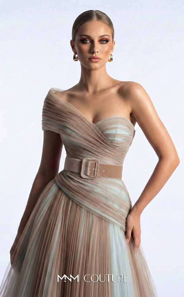 MNM Couture F03008 ombré pleated tulle A-line ballgown with ruched one-shoulder bodice, asymmetric sweetheart neckline, and contrast wine belt | Couture Shop LA.