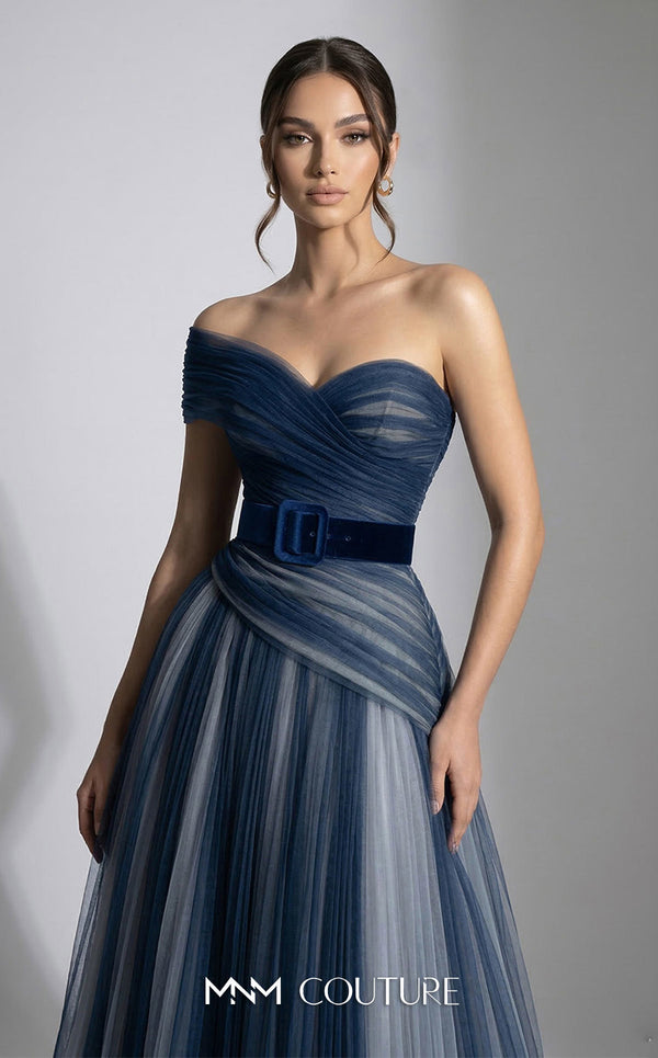 MNM Couture F03008 ombré pleated tulle A-line ballgown with ruched one-shoulder bodice, asymmetric sweetheart neckline, and contrast wine belt | Couture Shop LA.