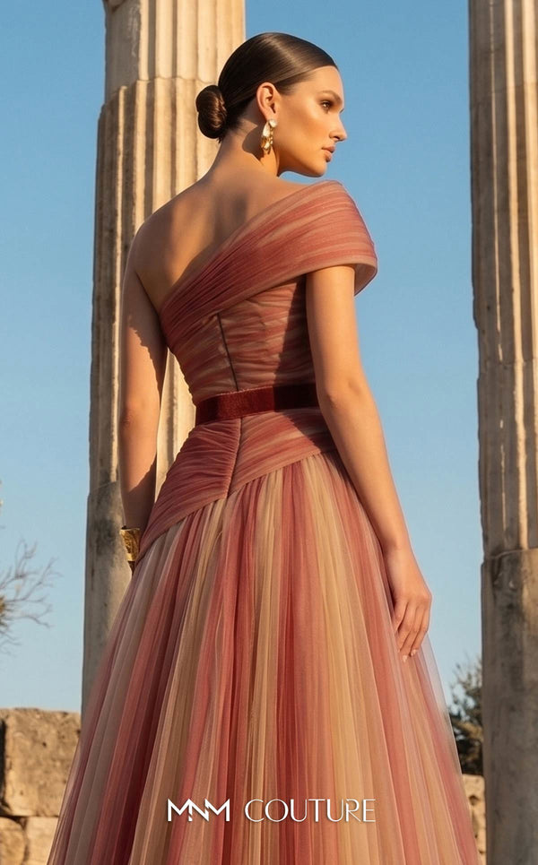 MNM Couture F03008 ombré pleated tulle A-line ballgown with ruched one-shoulder bodice, asymmetric sweetheart neckline, and contrast wine belt | Couture Shop LA.