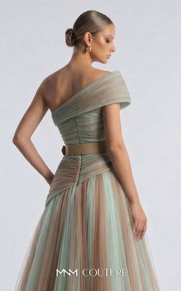 MNM Couture F03008 ombré pleated tulle A-line ballgown with ruched one-shoulder bodice, asymmetric sweetheart neckline, and contrast wine belt | Couture Shop LA.