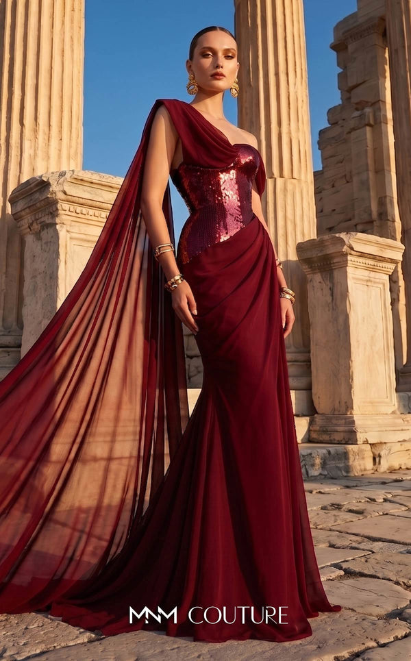 MNM Couture F03017 one-shoulder sequin and chiffon mermaid gown with structured sweetheart bodice and draped asymmetric side train | Couture Shop LA.