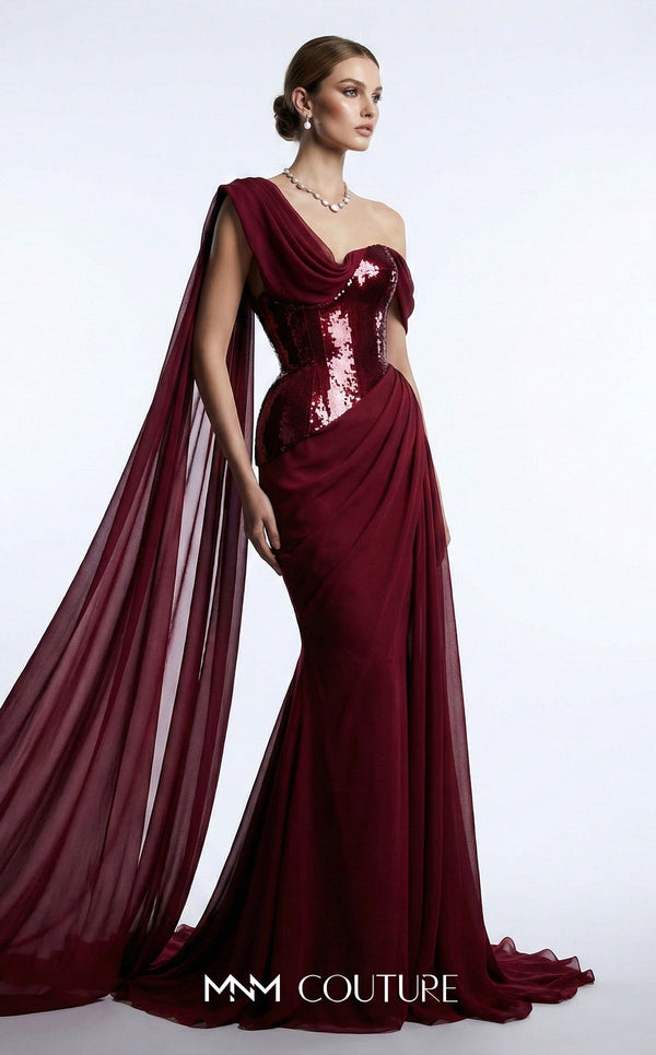 MNM Couture F03017 one-shoulder sequin and chiffon mermaid gown with structured sweetheart bodice and draped asymmetric side train | Couture Shop LA.