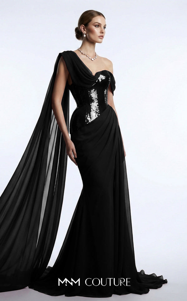 MNM Couture F03017 one-shoulder sequin and chiffon mermaid gown with structured sweetheart bodice and draped asymmetric side train | Couture Shop LA.