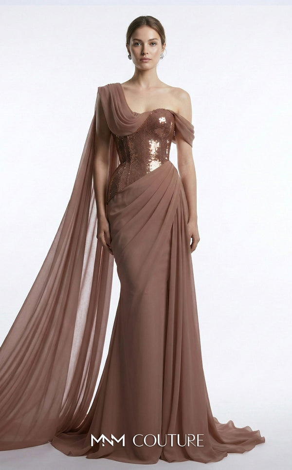 MNM Couture F03017 one-shoulder sequin and chiffon mermaid gown with structured sweetheart bodice and draped asymmetric side train | Couture Shop LA.