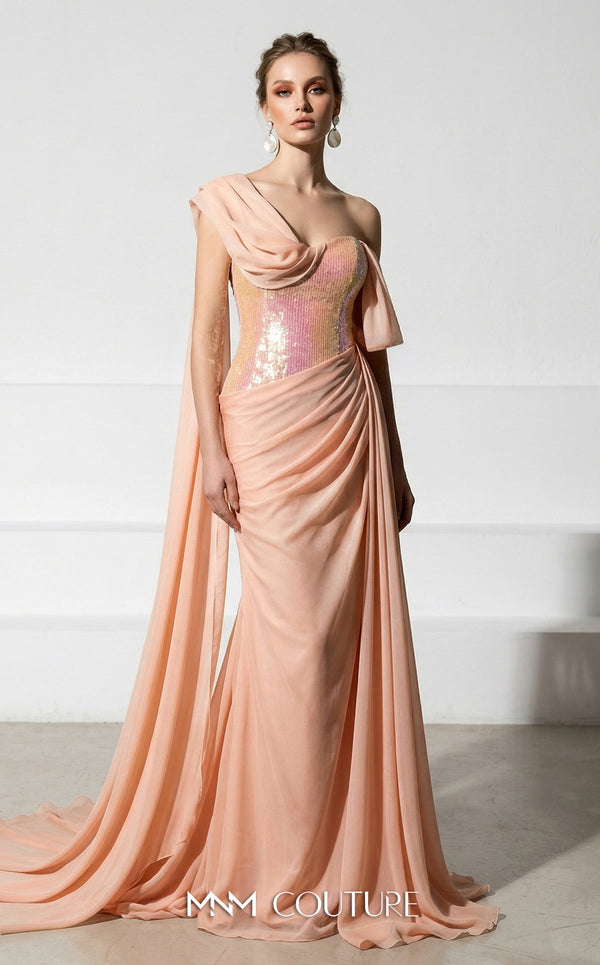 MNM Couture F03017 one-shoulder sequin and chiffon mermaid gown with structured sweetheart bodice and draped asymmetric side train | Couture Shop LA.