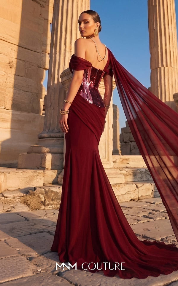 MNM Couture F03017 one-shoulder sequin and chiffon mermaid gown with structured sweetheart bodice and draped asymmetric side train | Couture Shop LA.