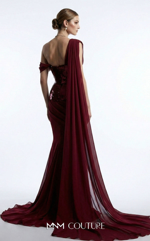 MNM Couture F03017 one-shoulder sequin and chiffon mermaid gown with structured sweetheart bodice and draped asymmetric side train | Couture Shop LA.