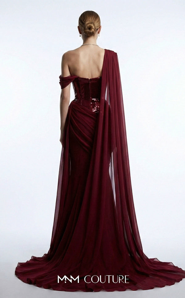 MNM Couture F03017 one-shoulder sequin and chiffon mermaid gown with structured sweetheart bodice and draped asymmetric side train | Couture Shop LA.