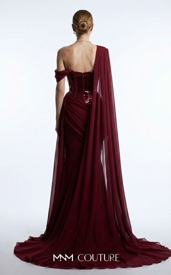 MNM Couture F03017 one-shoulder sequin and chiffon mermaid gown with structured sweetheart bodice and draped asymmetric side train | Couture Shop LA.