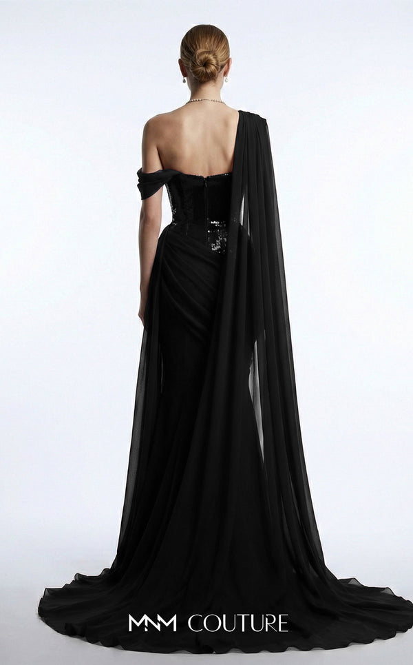 MNM Couture F03017 one-shoulder sequin and chiffon mermaid gown with structured sweetheart bodice and draped asymmetric side train | Couture Shop LA.