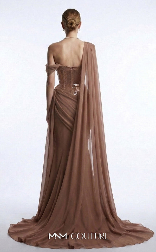 MNM Couture F03017 one-shoulder sequin and chiffon mermaid gown with structured sweetheart bodice and draped asymmetric side train | Couture Shop LA.