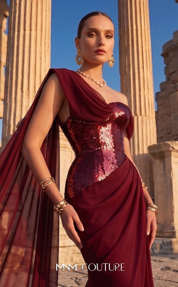 MNM Couture F03017 one-shoulder sequin and chiffon mermaid gown with structured sweetheart bodice and draped asymmetric side train | Couture Shop LA.