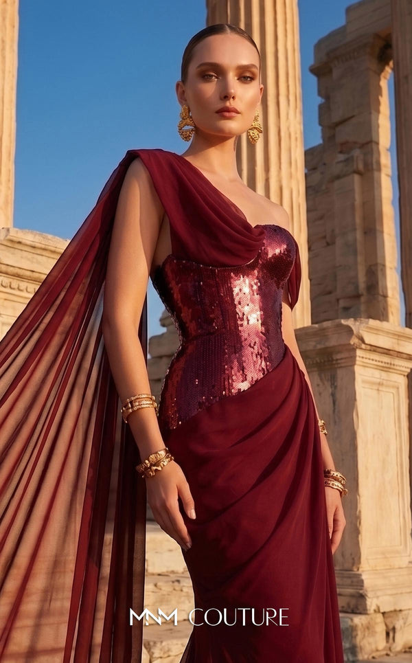 MNM Couture F03017 one-shoulder sequin and chiffon mermaid gown with structured sweetheart bodice and draped asymmetric side train | Couture Shop LA.