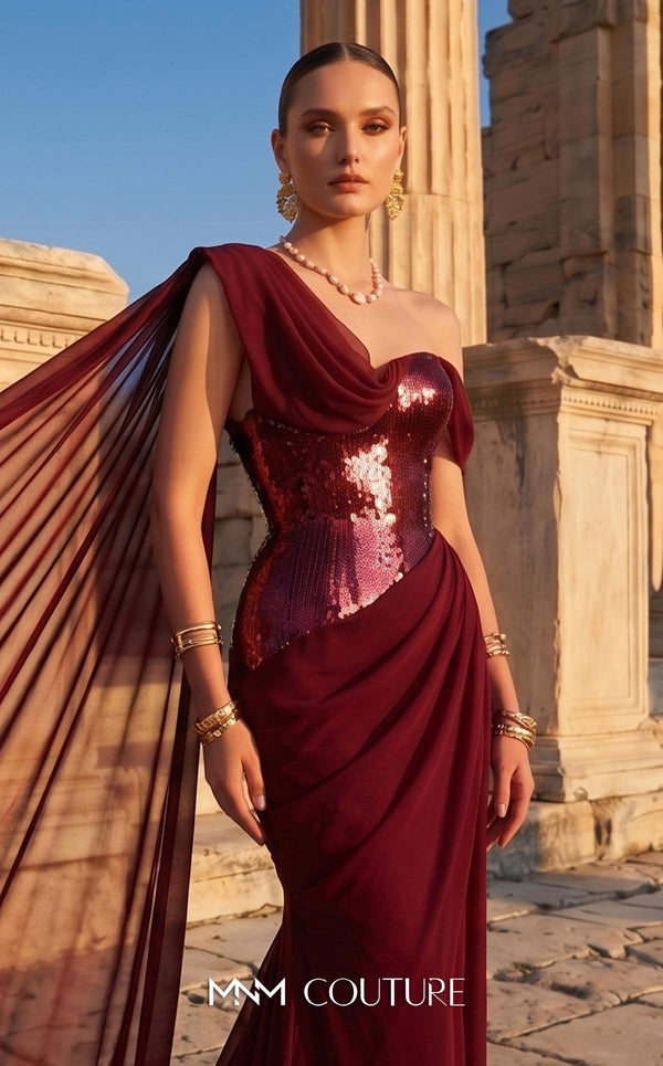 MNM Couture F03017 one-shoulder sequin and chiffon mermaid gown with structured sweetheart bodice and draped asymmetric side train | Couture Shop LA.