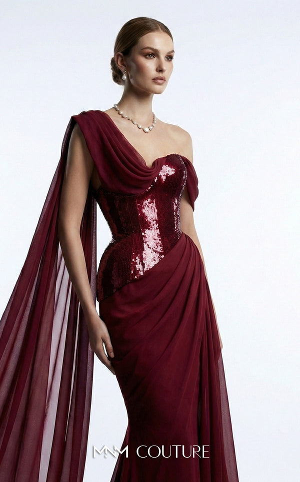 MNM Couture F03017 one-shoulder sequin and chiffon mermaid gown with structured sweetheart bodice and draped asymmetric side train | Couture Shop LA.