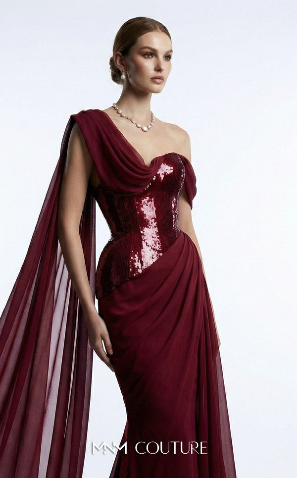 MNM Couture F03017 one-shoulder sequin and chiffon mermaid gown with structured sweetheart bodice and draped asymmetric side train | Couture Shop LA.