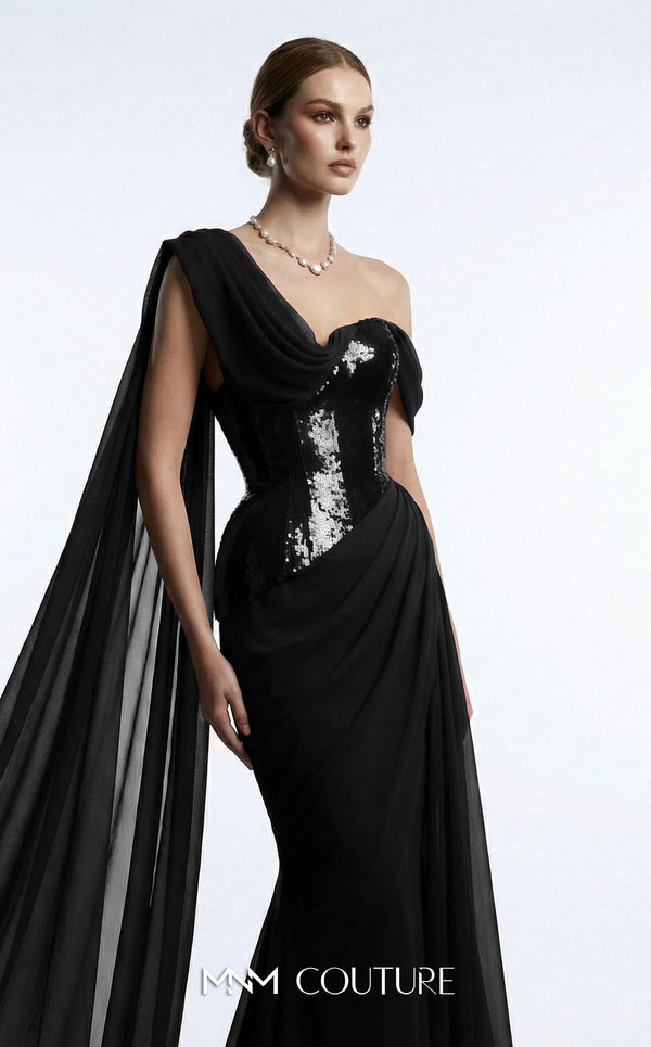 MNM Couture F03017 one-shoulder sequin and chiffon mermaid gown with structured sweetheart bodice and draped asymmetric side train | Couture Shop LA.