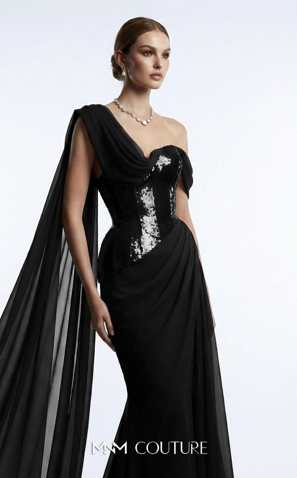 MNM Couture F03017 one-shoulder sequin and chiffon mermaid gown with structured sweetheart bodice and draped asymmetric side train | Couture Shop LA.