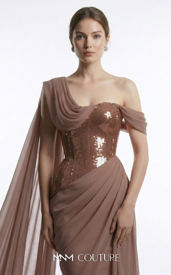 MNM Couture F03017 one-shoulder sequin and chiffon mermaid gown with structured sweetheart bodice and draped asymmetric side train | Couture Shop LA.