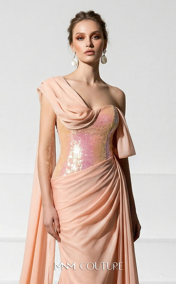 MNM Couture F03017 one-shoulder sequin and chiffon mermaid gown with structured sweetheart bodice and draped asymmetric side train | Couture Shop LA.