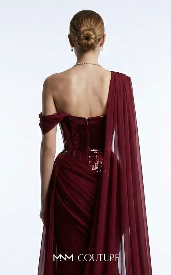 MNM Couture F03017 one-shoulder sequin and chiffon mermaid gown with structured sweetheart bodice and draped asymmetric side train | Couture Shop LA.
