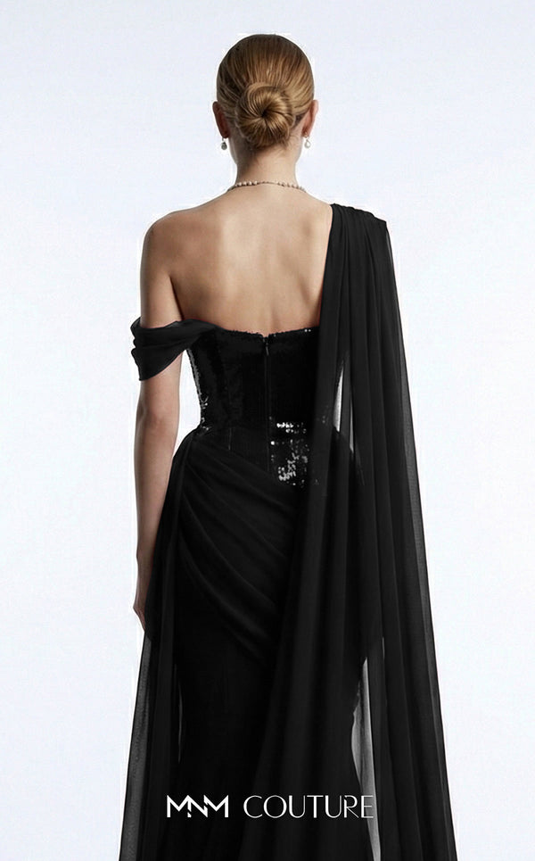 MNM Couture F03017 one-shoulder sequin and chiffon mermaid gown with structured sweetheart bodice and draped asymmetric side train | Couture Shop LA.