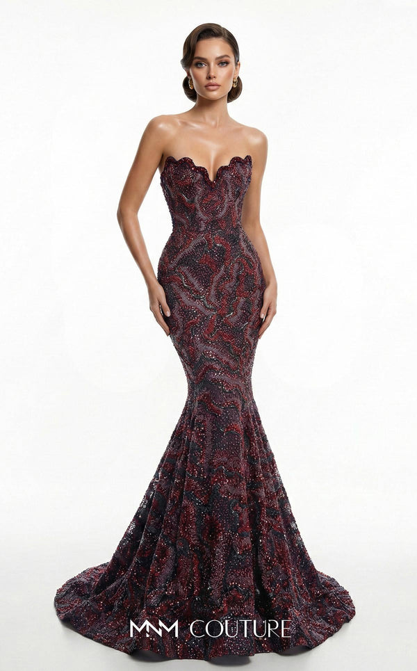 Fully beaded strapless bespoke evening wear with wavy neckline MNM Couture F03018