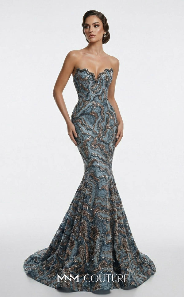 Fully beaded strapless bespoke evening wear with wavy neckline MNM Couture F03018