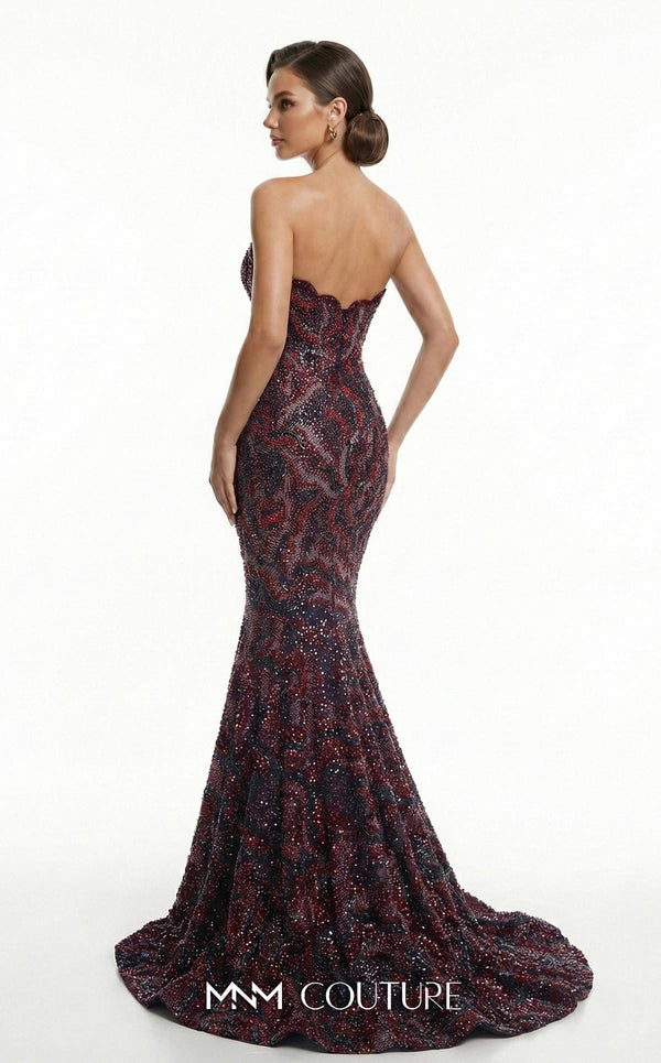 Fully beaded strapless bespoke evening wear with wavy neckline MNM Couture F03018