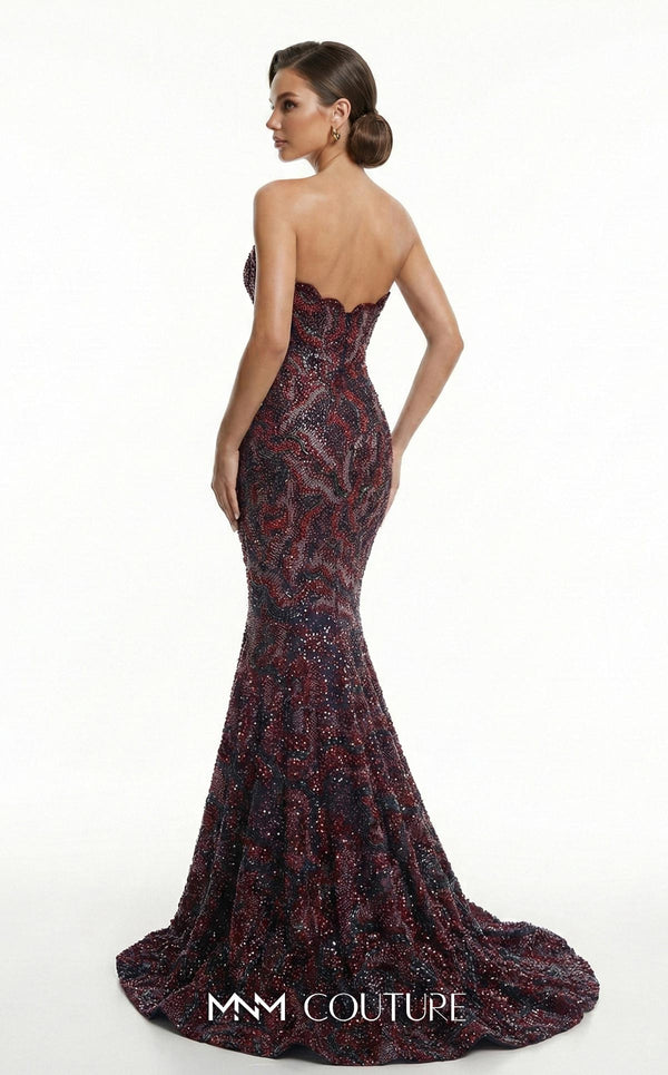 Fully beaded strapless bespoke evening wear with wavy neckline MNM Couture F03018