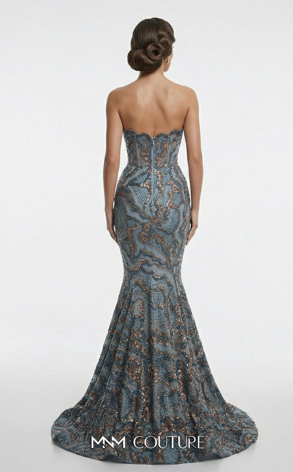 Fully beaded strapless bespoke evening wear with wavy neckline MNM Couture F03018