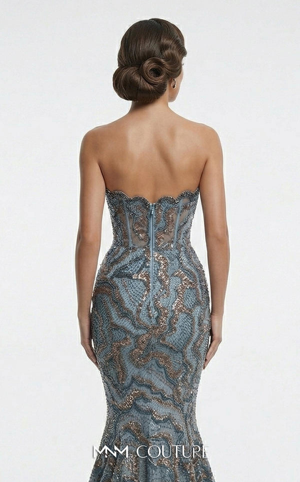 Fully beaded strapless bespoke evening wear with wavy neckline MNM Couture F03018