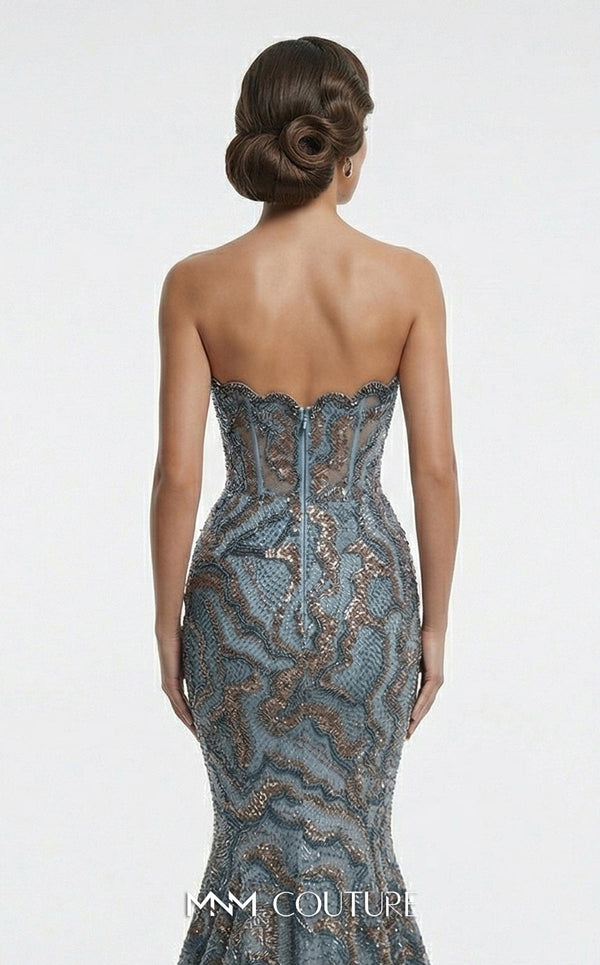 Fully beaded strapless bespoke evening wear with wavy neckline MNM Couture F03018