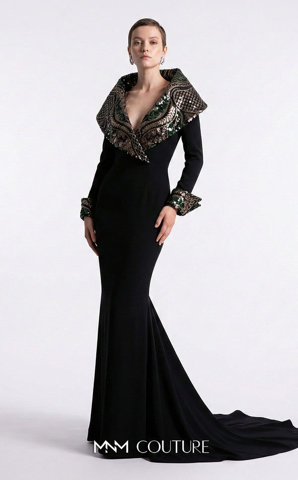 MNM Couture F03019 crepe and sequin mermaid gown with V-neckline, long sleeves, oversized lapel collar, contrasting cuffs, and train | Couture Shop LA.