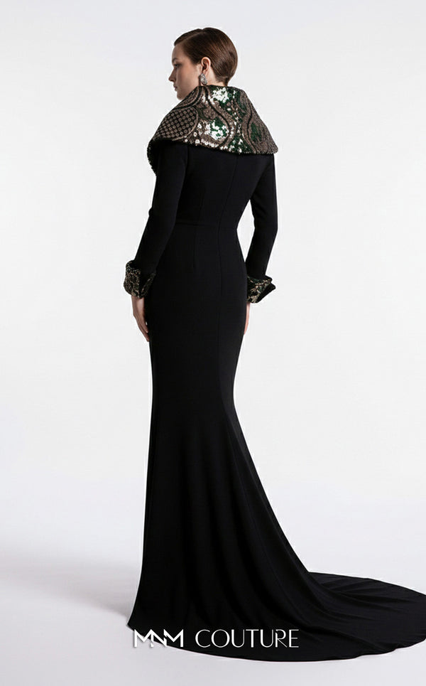 MNM Couture F03019 crepe and sequin mermaid gown with V-neckline, long sleeves, oversized lapel collar, contrasting cuffs, and train | Couture Shop LA.