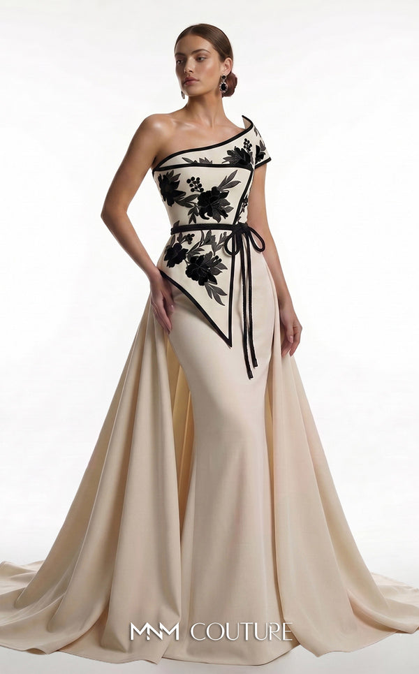 MNM Couture F03023 beige crepe one-shoulder mermaid gown with hand-embroidered rust floral botanical bodice, velvet trim borders, velvet tie sash, and removable flowing overskirt | Couture Shop LA